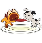 ФМ2-12670 Плакат вырубной А4. Котенок Гав и щенок делят сосиску из мультфильма Котенок по имени Гав (с блестками в лаке)