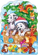 Ф-10938 Плакат вырубной А3. Новогодние зверюшки в корзинке (с блестками в лаке) - группа Животные