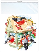 *Ф-15271 ПЛАКАТ ВЫРУБНОЙ А3 В ПАКЕТЕ. Кормушка со снегирями (двухсторонний, в индивидуальной упаковке, с европодвесом и клеевым клапаном) - группа Птицы