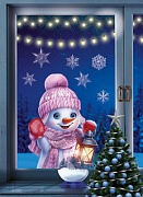 НМТ1-16497 Наклейки на окна А4+. Снеговик заглядывает в окно. Снежинки из белил (4+4, видны с обеих сторон)