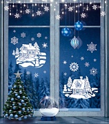 НМТ1-15333 Новогодние наклейки на окна А4+. Новогодние домики (Пластиз,,многоразов., видны с обеих сторон)