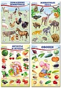 Комплект познавательных мини-плакатов. Домашние, лесные животные, фрукты и ягоды, овощи (4 листа А4+, текст на обороте)