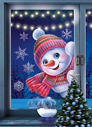 НМТ1-16498 Наклейки на окна А4+. Снеговик подглядывает в окно. Снежинки из белил (4+4, видны с обеих сторон)