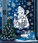 НМТ1-15330 Новогодние наклейки на окна А4+. Новогодний Снеговик (Пластиз,,многоразов., видны с обеих сторон)