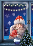 НМТ1-16499 Новогодние наклейки на окна А4+. Дед Мороз заглядывает в окно (видны с обеих сторон, 4+4, снежинки из белил)