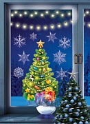 НМТ1-16502 Новогодние наклейки на окна А4+. Елка новогодняя с подарками (видны с обеих сторон, 4+4, снежинки из белил)