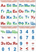 Комплект познавательных мини-плакатов. Русский алфавит с названиями букв и цифры - разрезной (4 листа А4+)