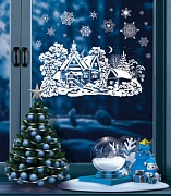 НМТ1-15332 Новогодние наклейки на окна А4+. Новогодний пейзаж (Пластиз,,многоразов., видны с обеих сторон)