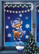 НМТ1-16504 Новогодние наклейки на окна А4+. Олененок в шарфе (видны с обеих сторон, 4+4, снежинки из белил)