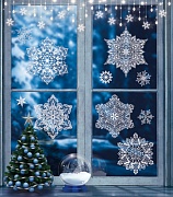 НМТ1-15329 Новогодние наклейки на окна А4+. Снежинки сказочные (Пластиз,,многоразов., видны с обеих сторон)