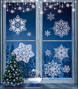 НМТ1-15328 Новогодние наклейки на окна А4+. Снежинки волшебные (пластизоль, многоразовые, видны с обеих сторон)
